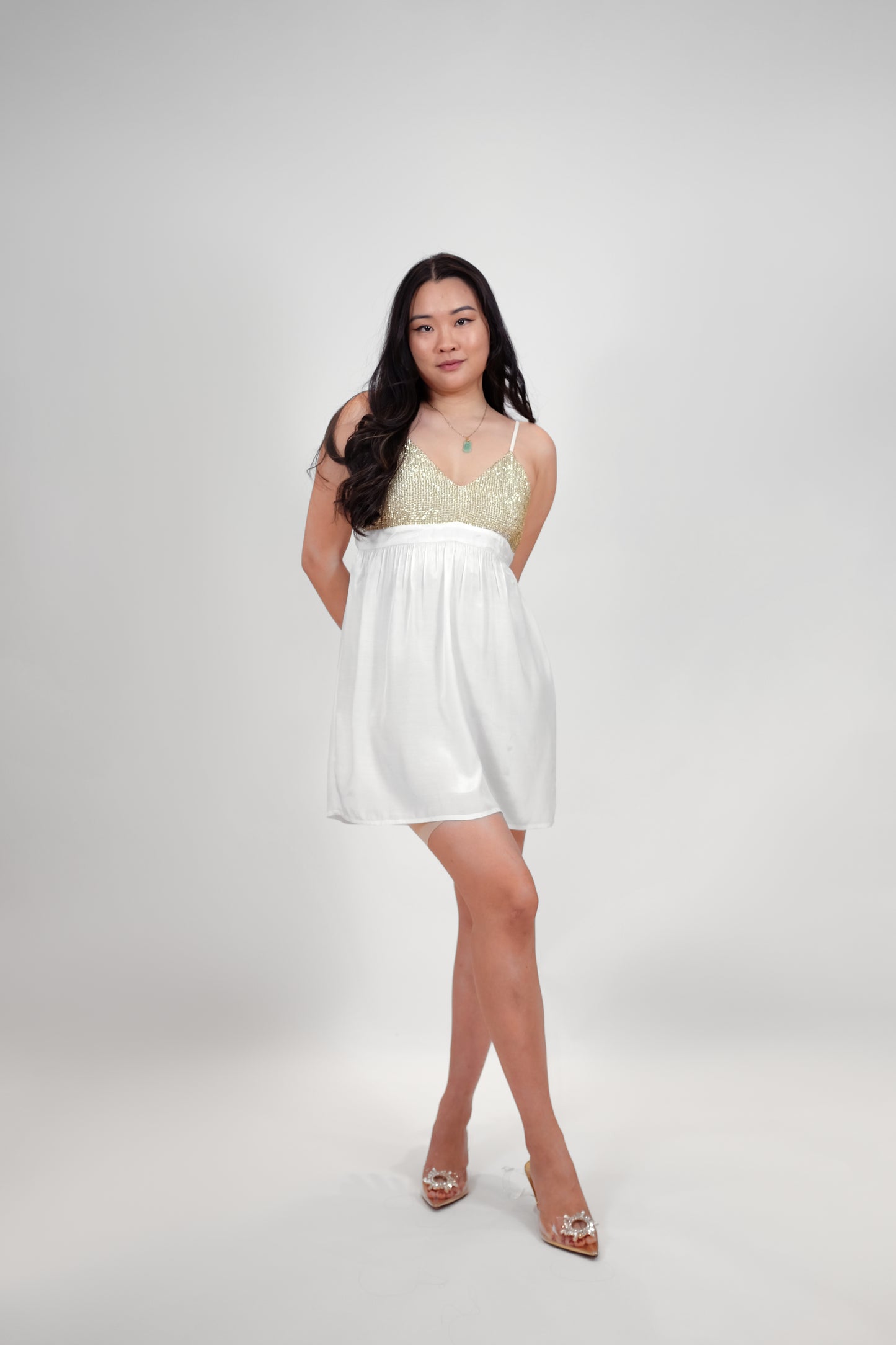 THE GODDESS DRESS & SHRUG (WHITE AND GOLD)